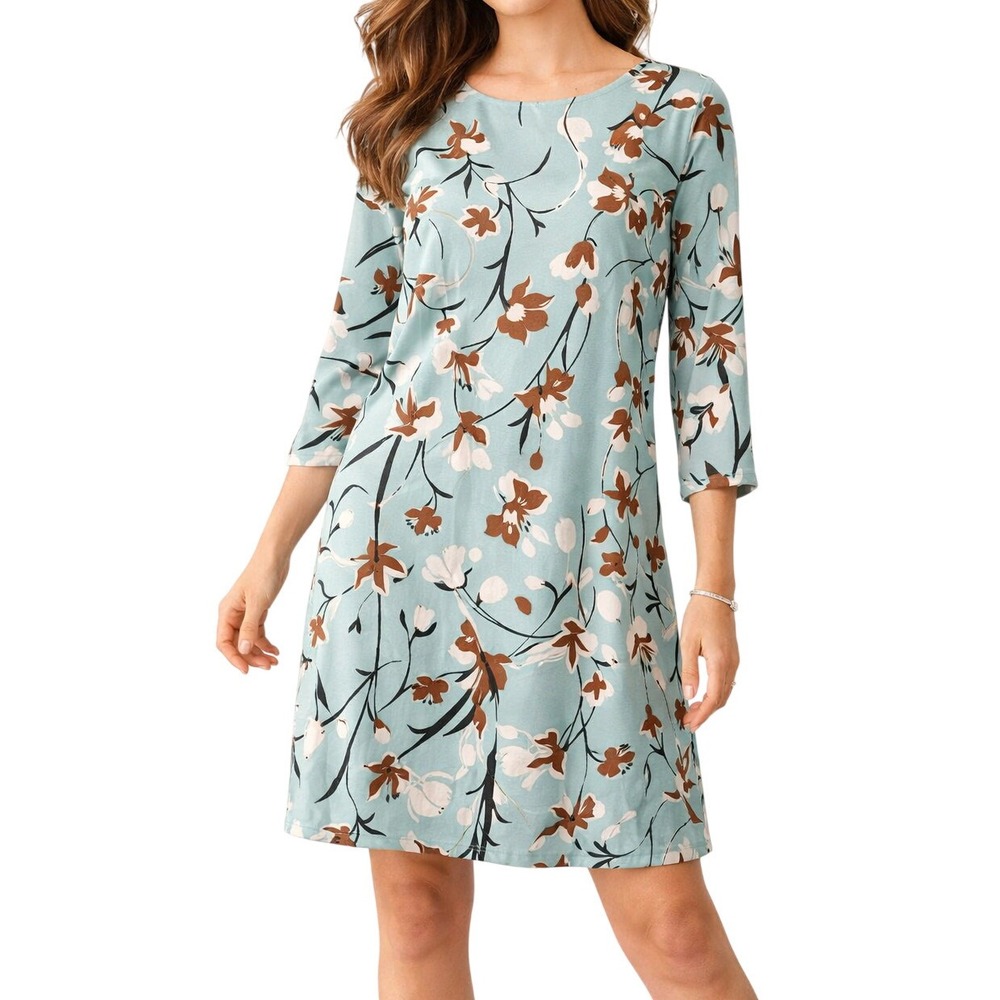 Adele Altman Roma Women Aqua Floral Shift Dress 3/4 Sleeve Size L